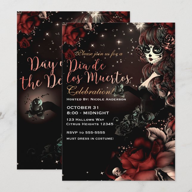Day of the Dead Dia de los Muertos Red Black Invitation (Front/Back)