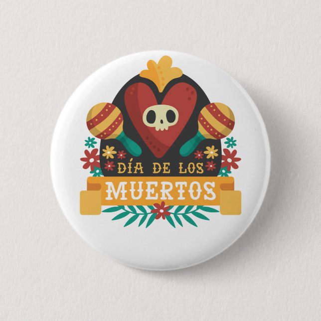 Day of the Dead - Dia De Los Muertos Skull Heart Button (Front)