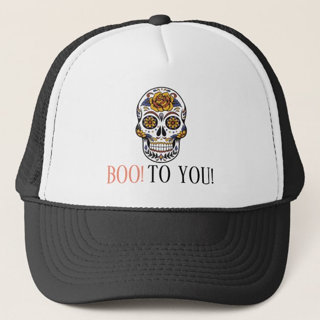 Day Of The Dead Dia De Los Muertos Skull Trucker Hat (Front)