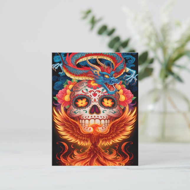 Day Of The Dead Dragon And Phoenix Postcard (Standing Front)