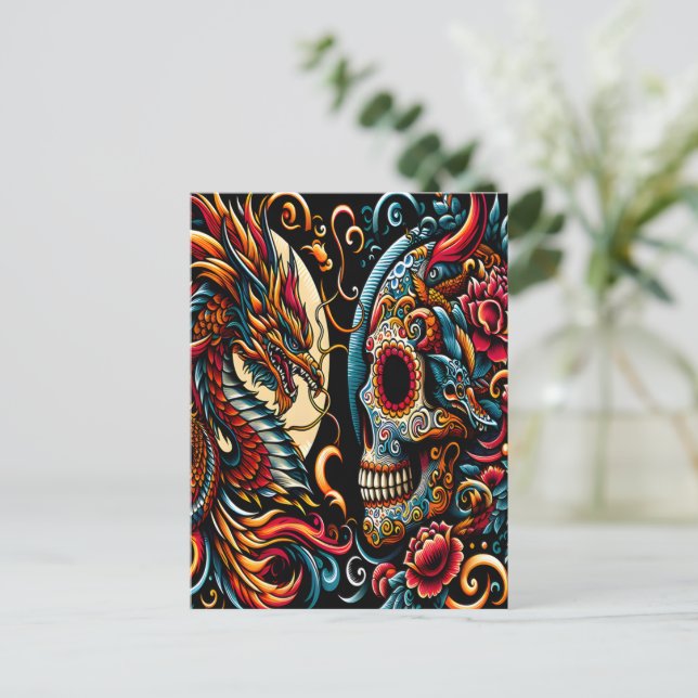 Day of the Dead Dragon and Skull Postcard (Standing Front)