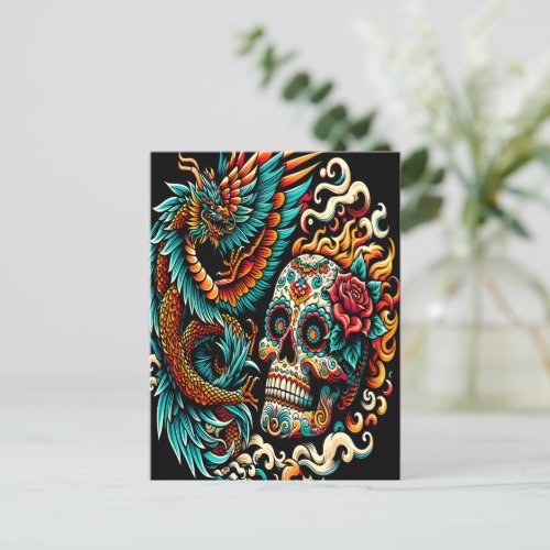 Day Of The Dead Dragon And Skull Postcard