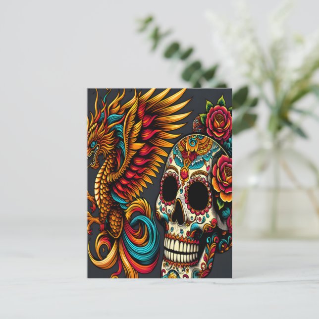 Day of the Dead Dragon Skull Postcard (Standing Front)