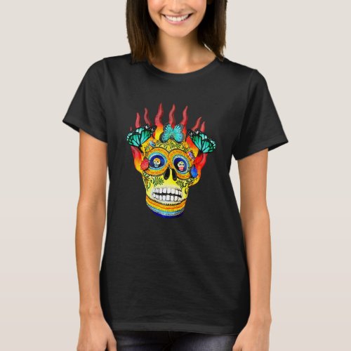 Day of the Dead Fire Skull  Turquoise Butterflies T_Shirt