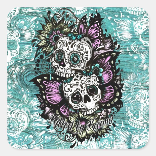 Day of the Dead floral butterfly skulls. Square Sticker (Front)