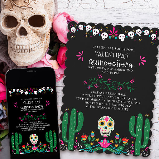 Day of the Dead Floral Skulls Quinceanera Invitation | Zazzle