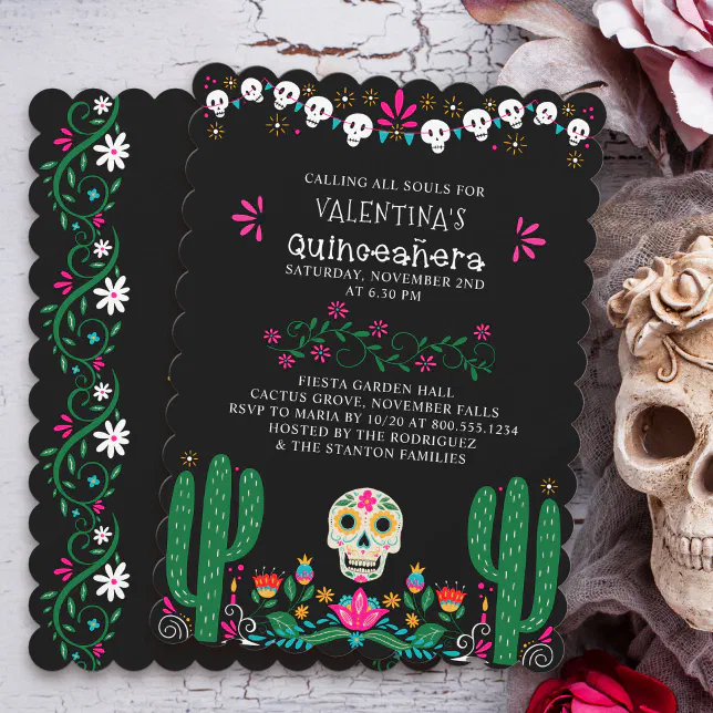 Day of the Dead Floral Skulls Quinceanera Invitation | Zazzle