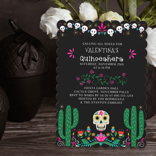 Day of the Dead Floral Skulls Quinceanera Invitation | Zazzle