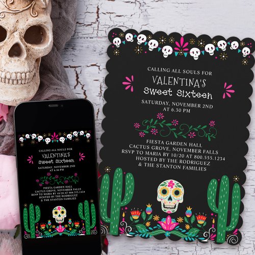 Day of the Dead Floral Skulls Sweet 16 Invitation
