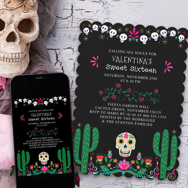 Day of the Dead Floral Skulls Sweet 16 Invitation (Day of the Dead Sweet Sixteen Invite from my Dia de los Muertos collection)