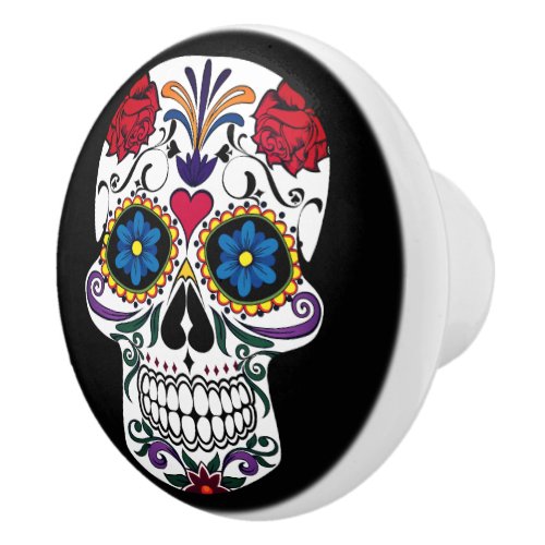 Day of the Dead Floral Sugar Skull Ceramic Knob