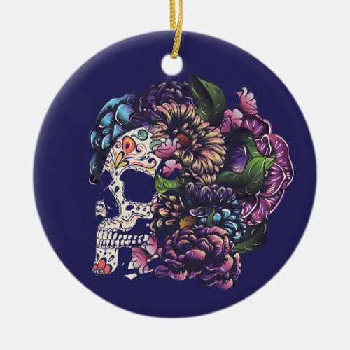 Day of the dead floral sugar skull with flowers ceramic ornament