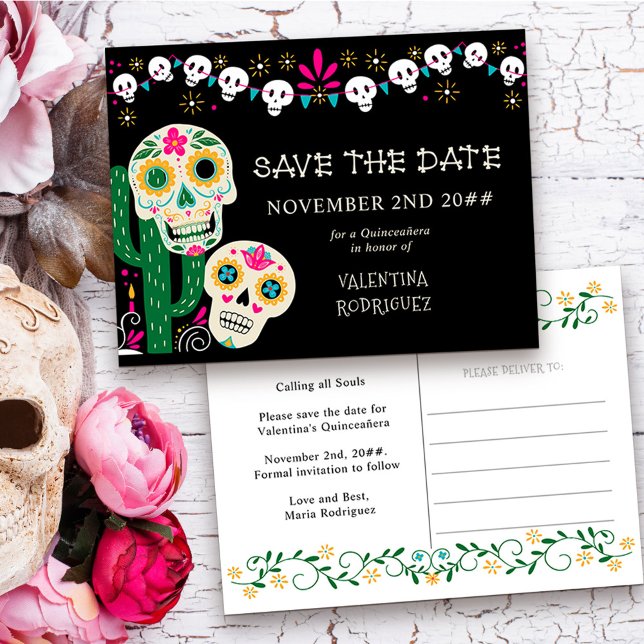 Day of the Dead Floral Sugar Skulls Save the Date Announcement Postcard (Quinceanera Save the Date from my Dia de los Muertos collection )