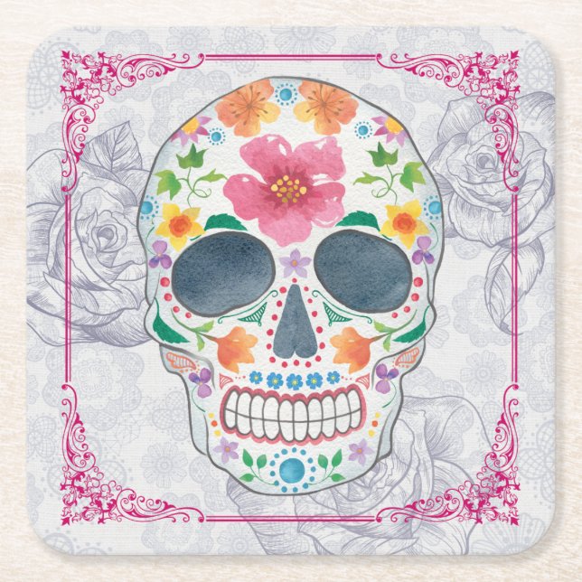 Day of the Dead Flower Sugar Skull Coasters (Front)