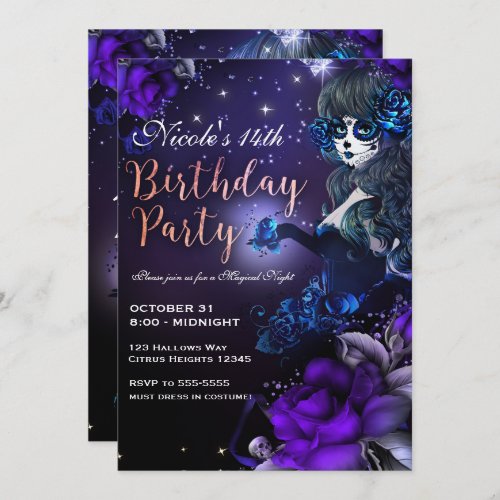Day of the Dead Girl Purple Blue Birthday Party Invitation