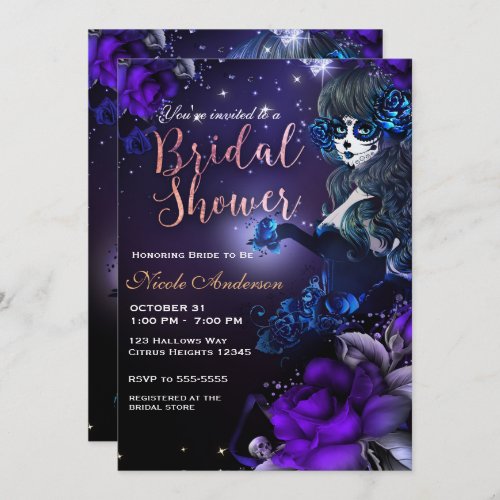 Day of the Dead Girl Purple Blue Bridal Shower Invitation