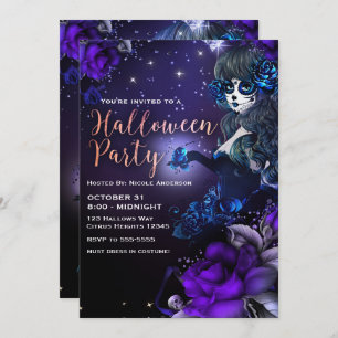 Day of the Dead Girl Purple Blue Halloween Party Invitation