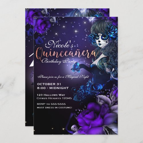 Day of the Dead Girl Purple Blue Quinceaera Party Invitation