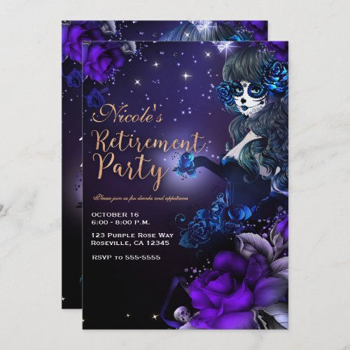 Day of the Dead Girl Purple Blue Retirement Party Invitation
