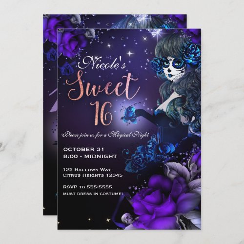 Day of the Dead Girl Purple Blue Sweet 16 Party Invitation