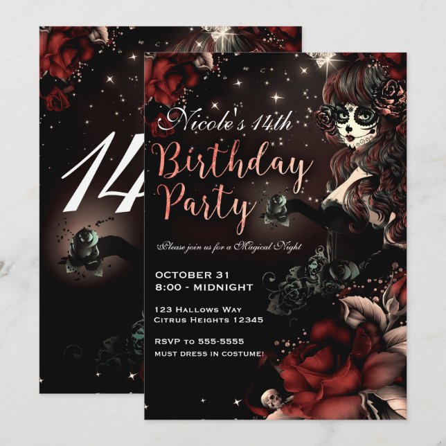 Day of the Dead Girl Red Black Birthday Party Invitation (Front/Back)