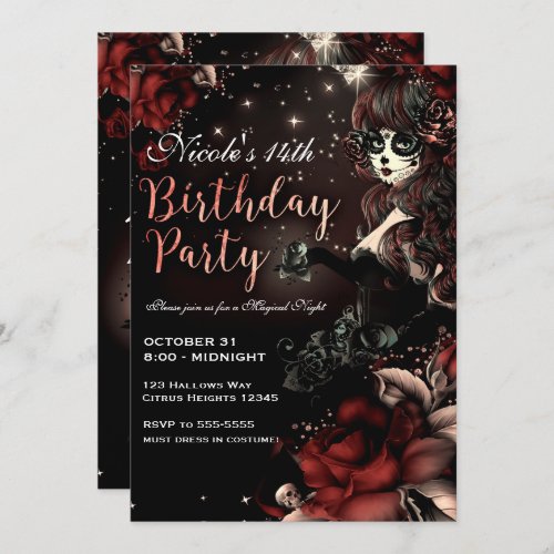 Day of the Dead Girl Red Black Birthday Party Invitation