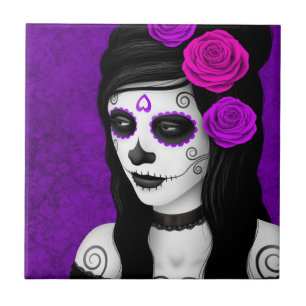 Day of the Dead Girl with Purple Roses Tile