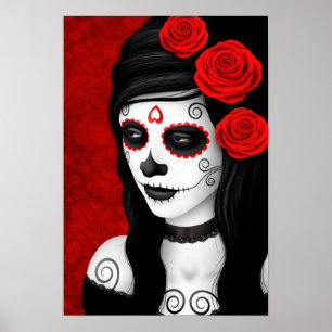 Day of the Dead Girl with Red Roses Poster