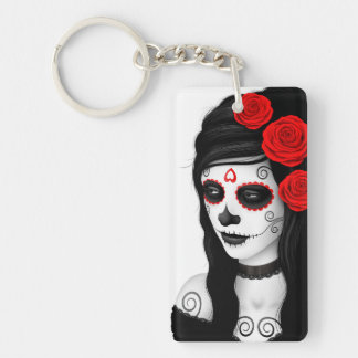 Day of the Dead Girl with Roses White Keychain