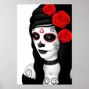 Day of the Dead Girl with Roses White Poster