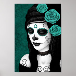 Day of the Dead Girl with Teal Blue Roses Poster