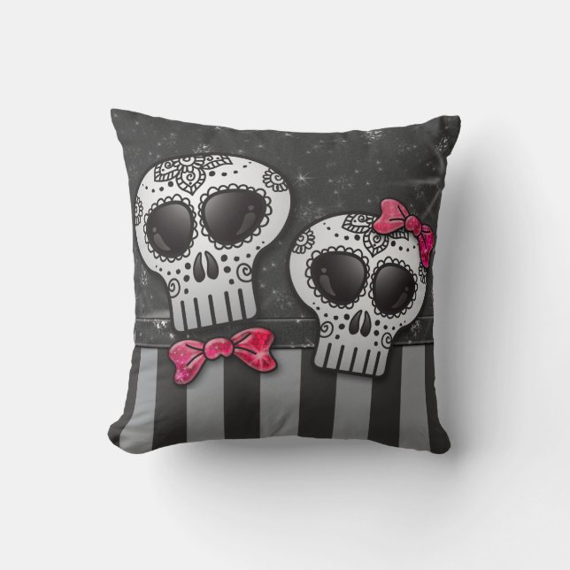 Day of The Dead Glitter Sugar Skulls Pirate Stripe Throw Pillow (Front)