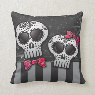 Day of The Dead Glitter Sugar Skulls Pirate Stripe Throw Pillow