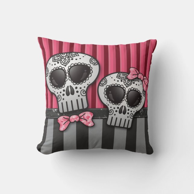 Day of The Dead Glitter Sugar Skulls Pirate Stripe Throw Pillow (Front)