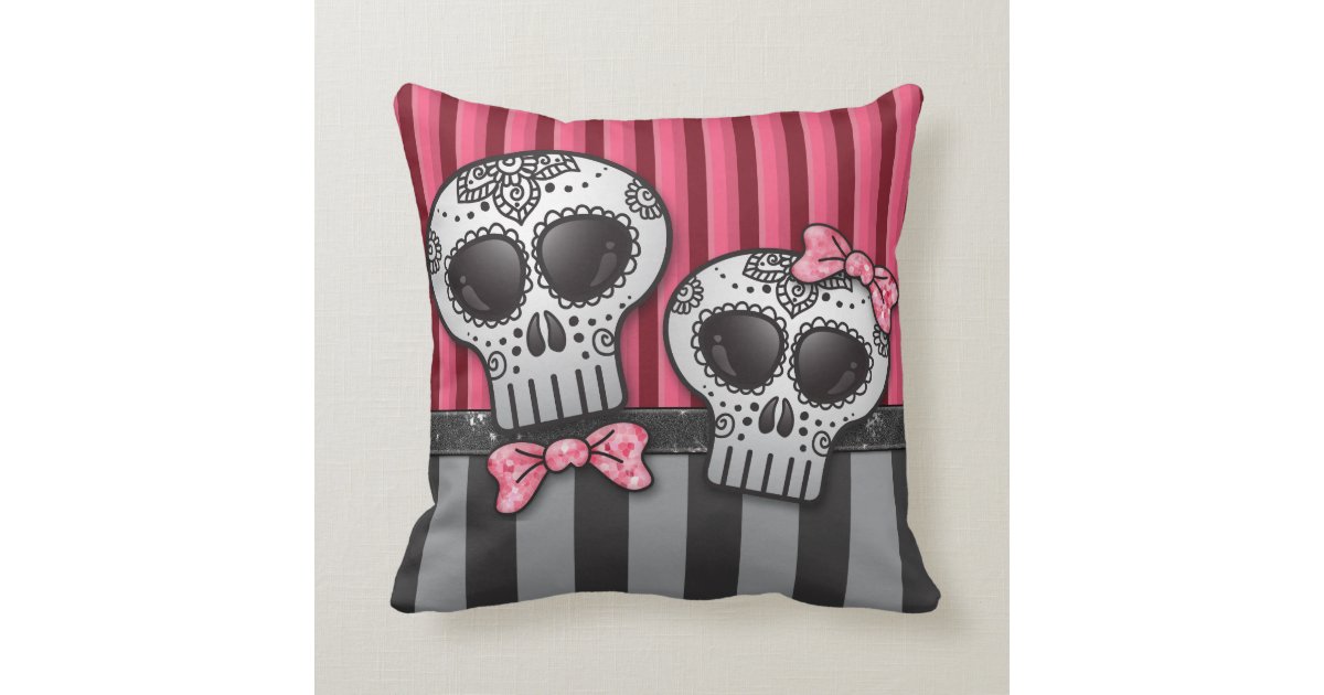 Day Of The Dead Glitter Sugar Skulls Pirate Stripe Throw Pillow