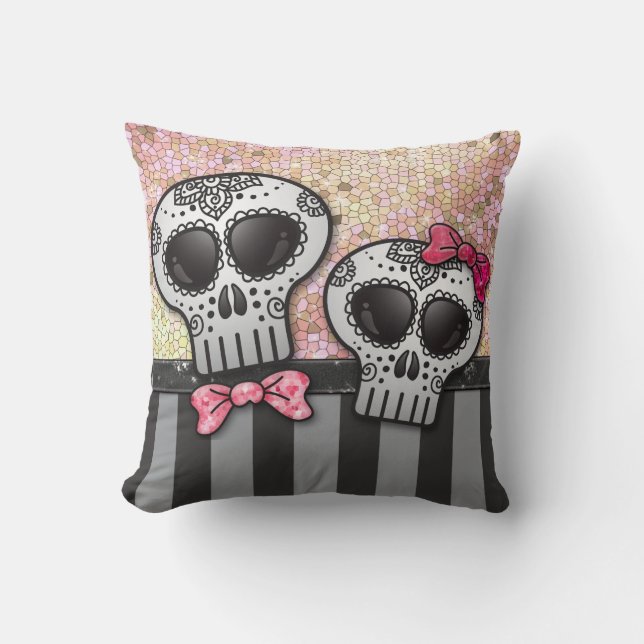 Day of The Dead Glitter Sugar Skulls Pirate Stripe Throw Pillow (Front)