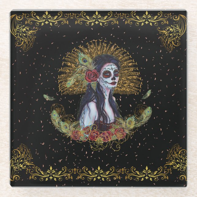 Day of the dead gothic art by Renee Lavoie Glass Coaster (Front)