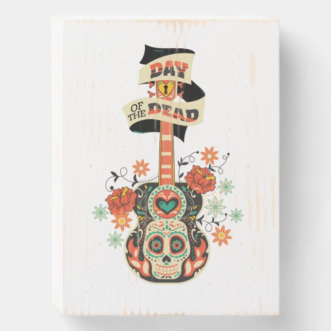 Day of the dead guitar & sugar skull wooden box sign (Front Vertical)
