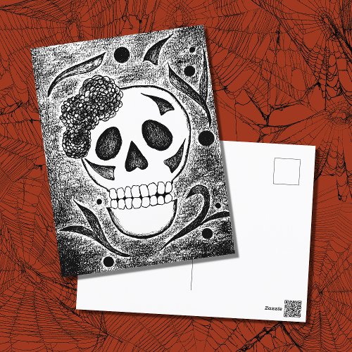 Day of the Dead Halloween Black White Sugar Skull Holiday Postcard