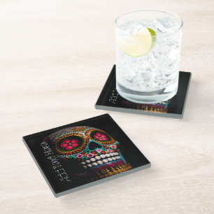 Day of the Dead Halloween Cute Painted Skull Glass Coaster