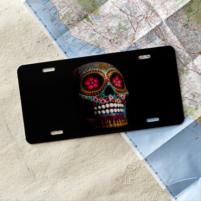 Day of the Dead Halloween Cute Painted Skull License Plate (In Situ)