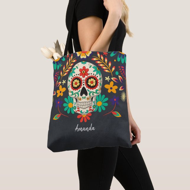 Day of the Dead Halloween Personalize Sugar Skull  Tote Bag (Close Up)
