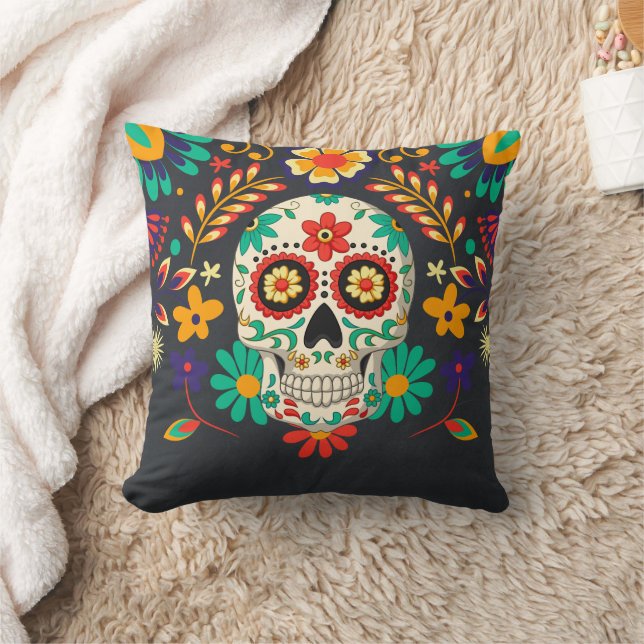 Day of the Dead Halloween Sugar Skull Throw Pillow (Blanket)