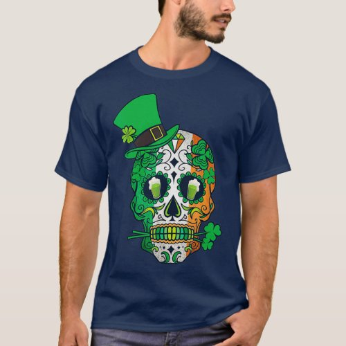 Day Of The Dead Irish Shamrock  Sugar Skull T_Shirt