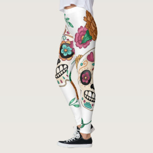 Day of the Dead Large Sugar Skulls & Flowers White Leggings