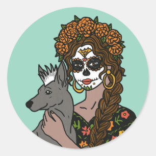 Day of the Dead Marigold and Xolo Dog Classic Round Sticker