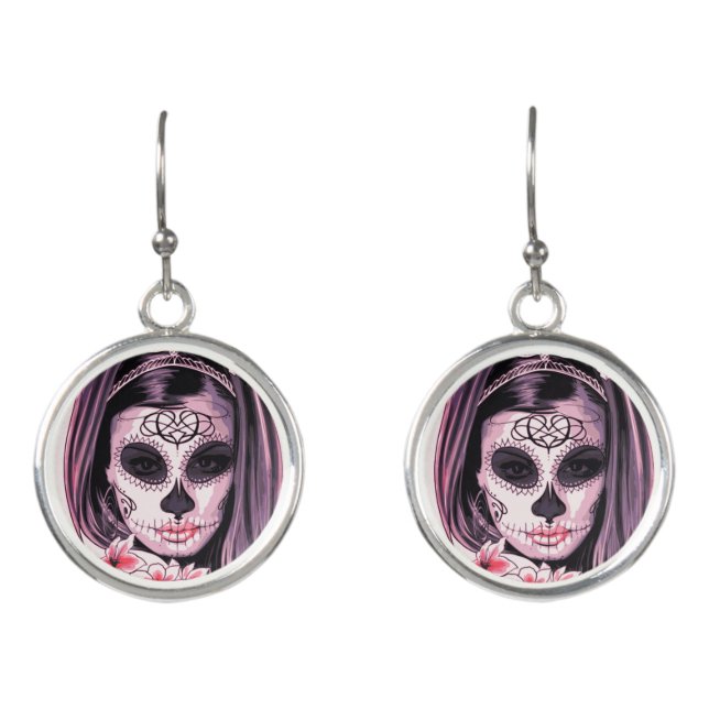 Day of the Dead Mask on a beautiful Girl Earrings (Front)