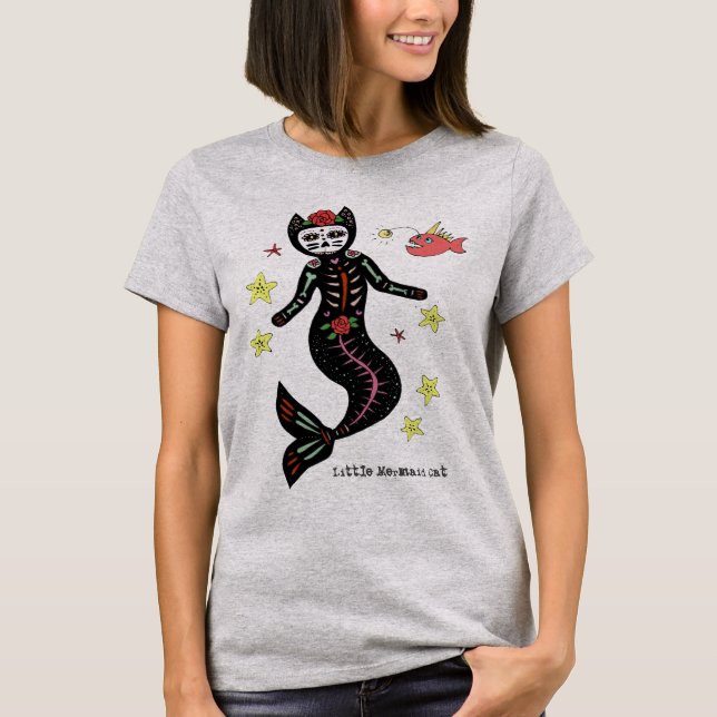 Day of the Dead Mermaid Cat T-Shirt (Front)