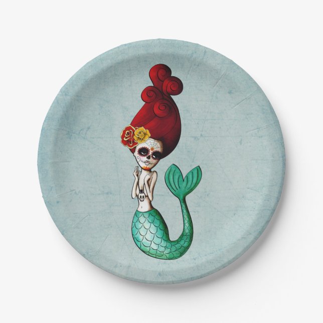 Day of The Dead Mermaid Girl Paper Plates (Front)