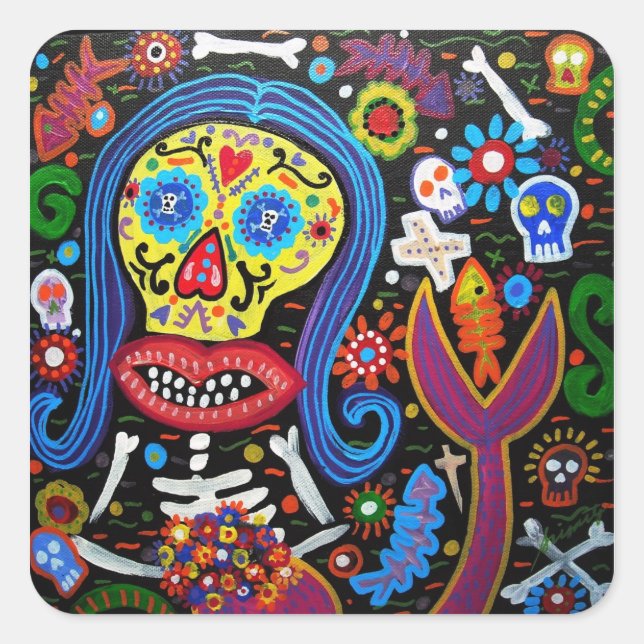 day of the dead mermaid square sticker (Front)